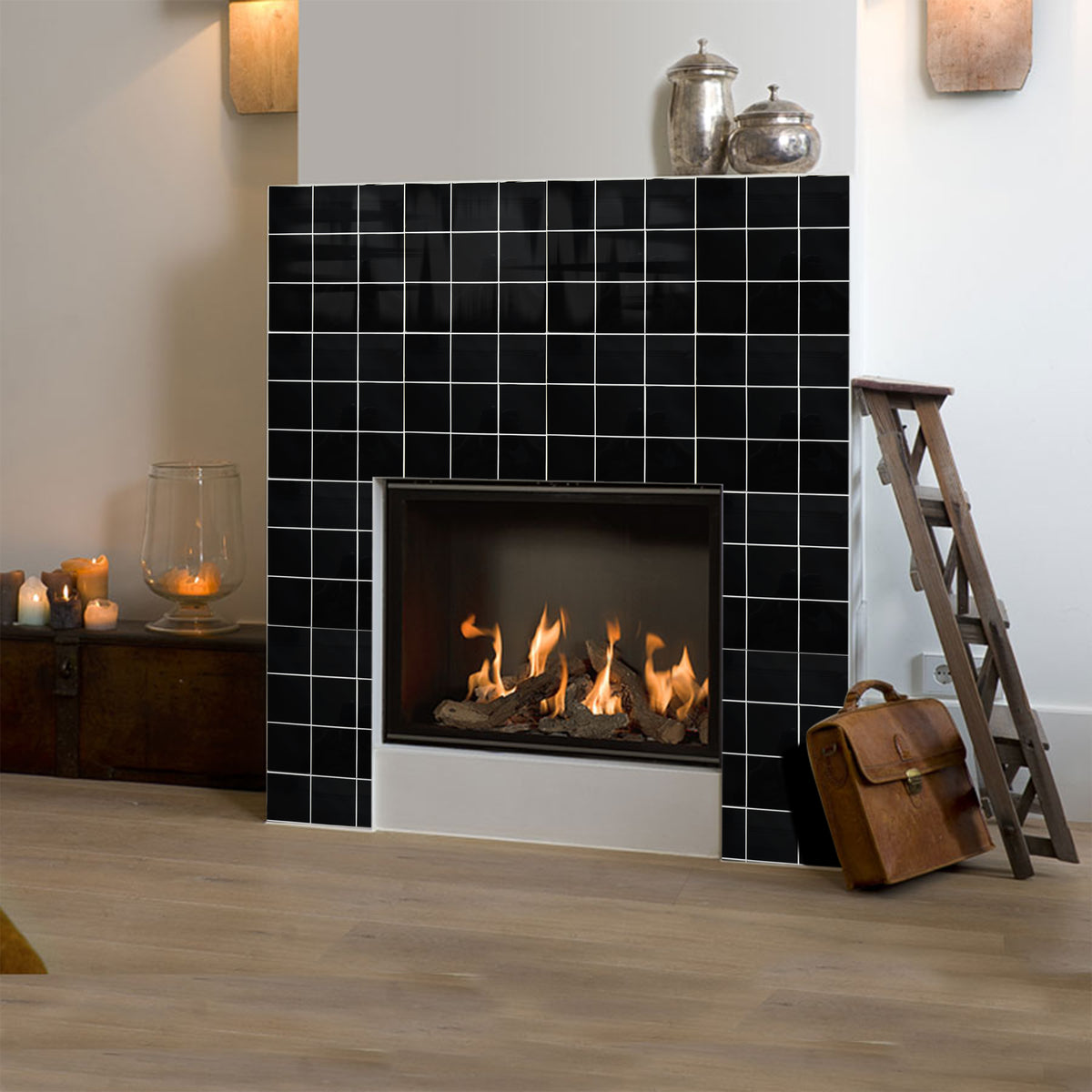 Peel and Stick Glass Tile, Square Mosaic Wall Tiles with Frame, Stick on Glass Backsplash (5 Sheets, 12"x12")