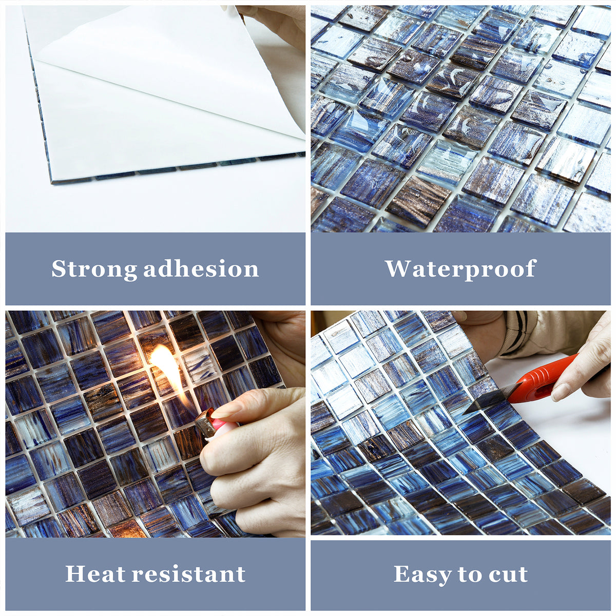 Peel and Stick Glass Tile, 12" x 12" Mosaic Square Glass Backsplash Tile for Kitchen Bathroom Wall (8-Sheet, 8 SQ.FT)