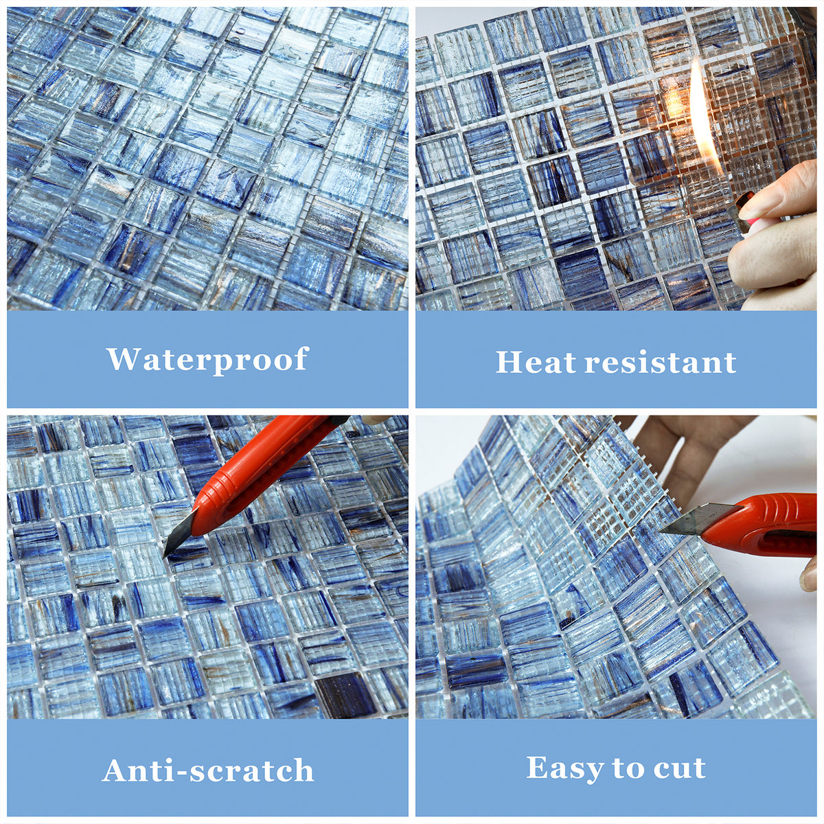 Mesh-Mounted Glass Mosaic Tile Backsplash, 12” x 12” Blue Glass Backsplash Wall Tile for Kitchen Bathroom Swimming Pool (8 Sheets, 8 sq.ft)