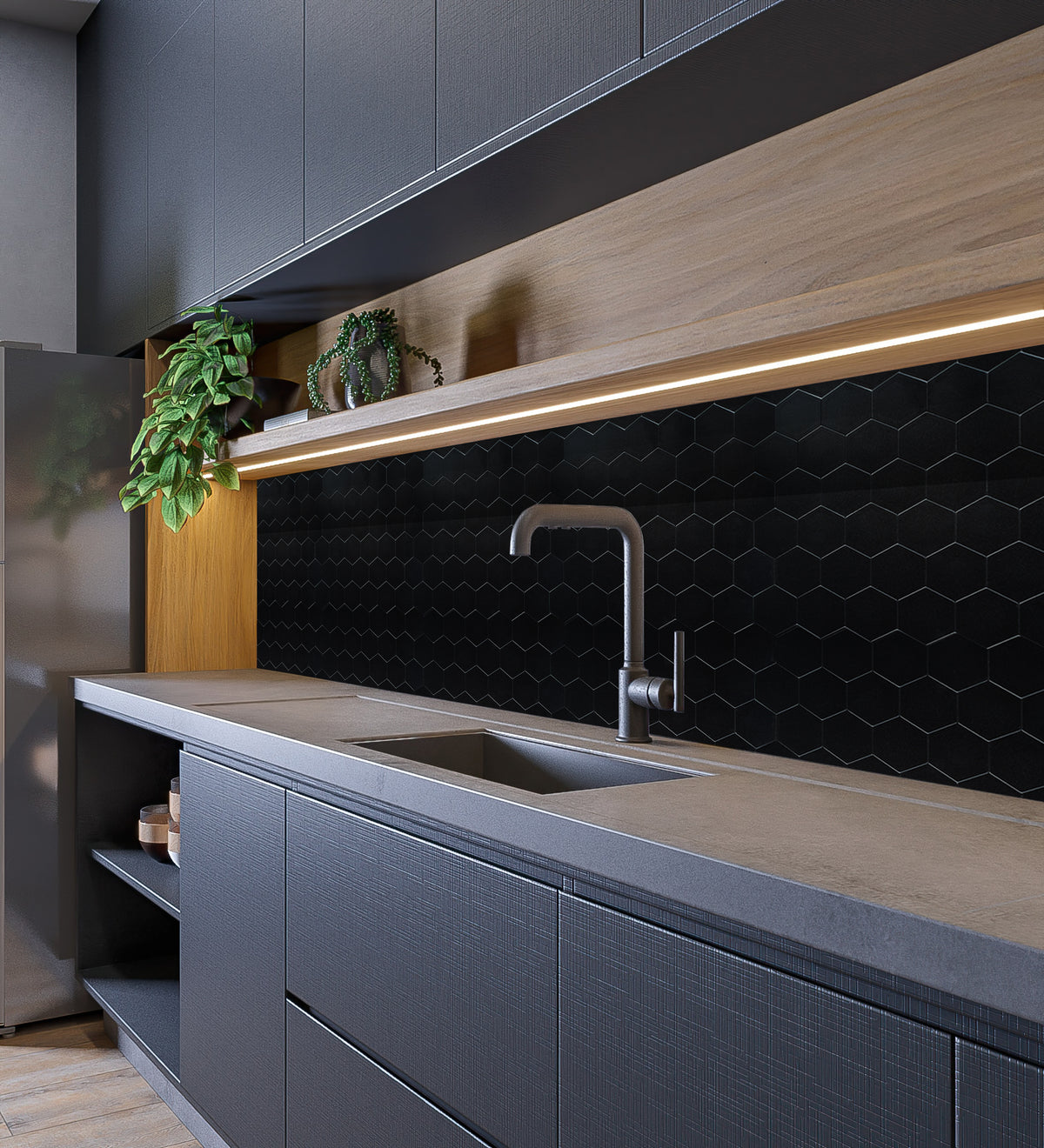 11.3"×11.5" Black Hexagon Peel and Stick Backsplash - HOMEART