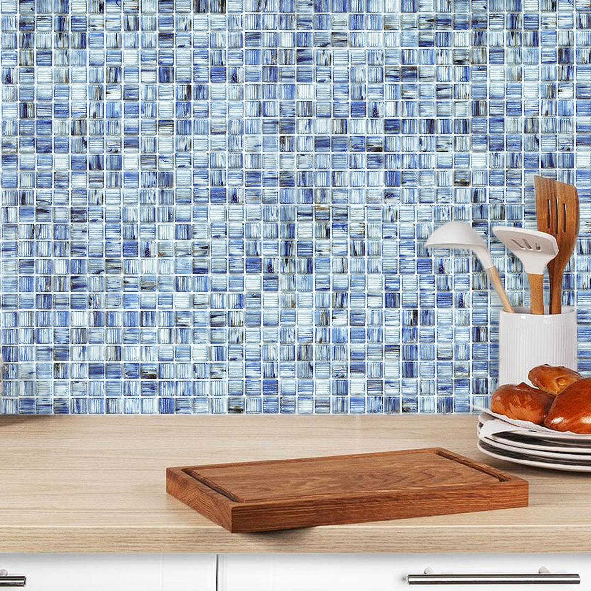 Peel and Stick Glass Tile, 12" x 12" Mosaic Square Glass Backsplash Tile for Kitchen Bathroom Wall (8-Sheet, 8 SQ.FT)