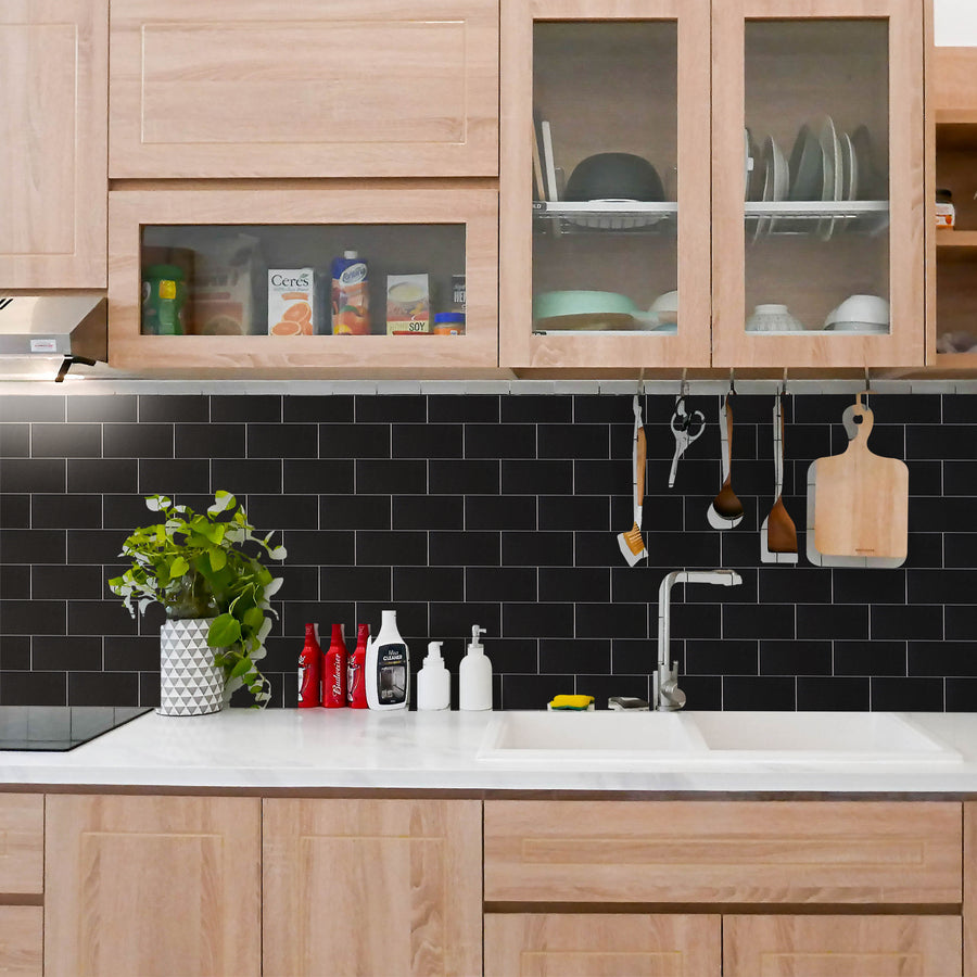 Black Subway Tiles Peel and Stick Backsplash, Alumium Composite Peel and Stick Wall Tiles  for Kitchen Bathroom fireplace (6 sheets)