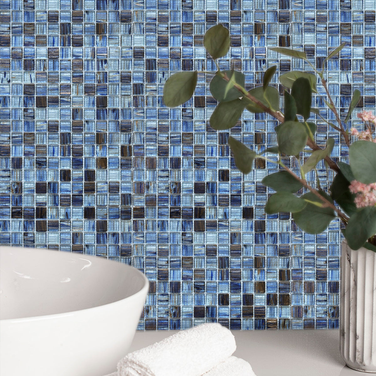 Mesh-Mounted Glass Mosaic Tile Backsplash, 12” x 12” Blue Glass Backsplash Wall Tile for Kitchen Bathroom Swimming Pool (8 Sheets, 8 sq.ft)