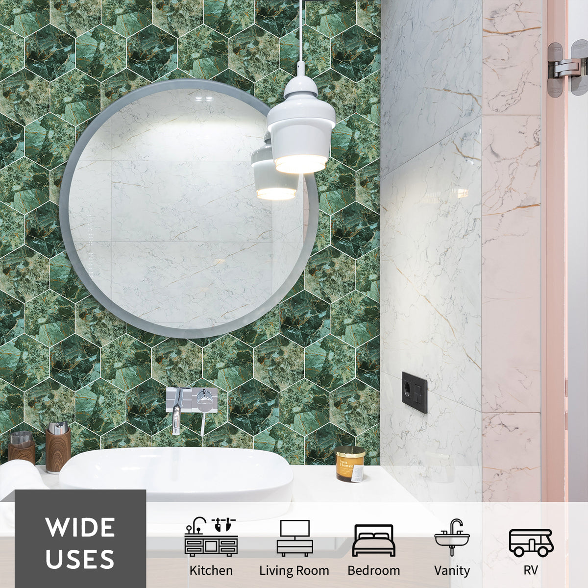 16-Piece Hexagon Peel and Stick Backsplash Tiles, 9"x7.87" Self Adhesive Glossy Faux Marble Wall Tile for DIY Home Decor