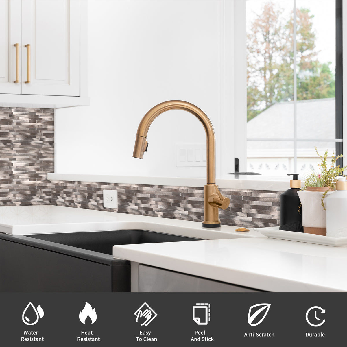 6 Sheets Peel and Stick Backsplash Linear Tile for Kitchen, Self Adhesive Brushed Aluminum Stick on Wall Tiles for Bathroom Fireplace