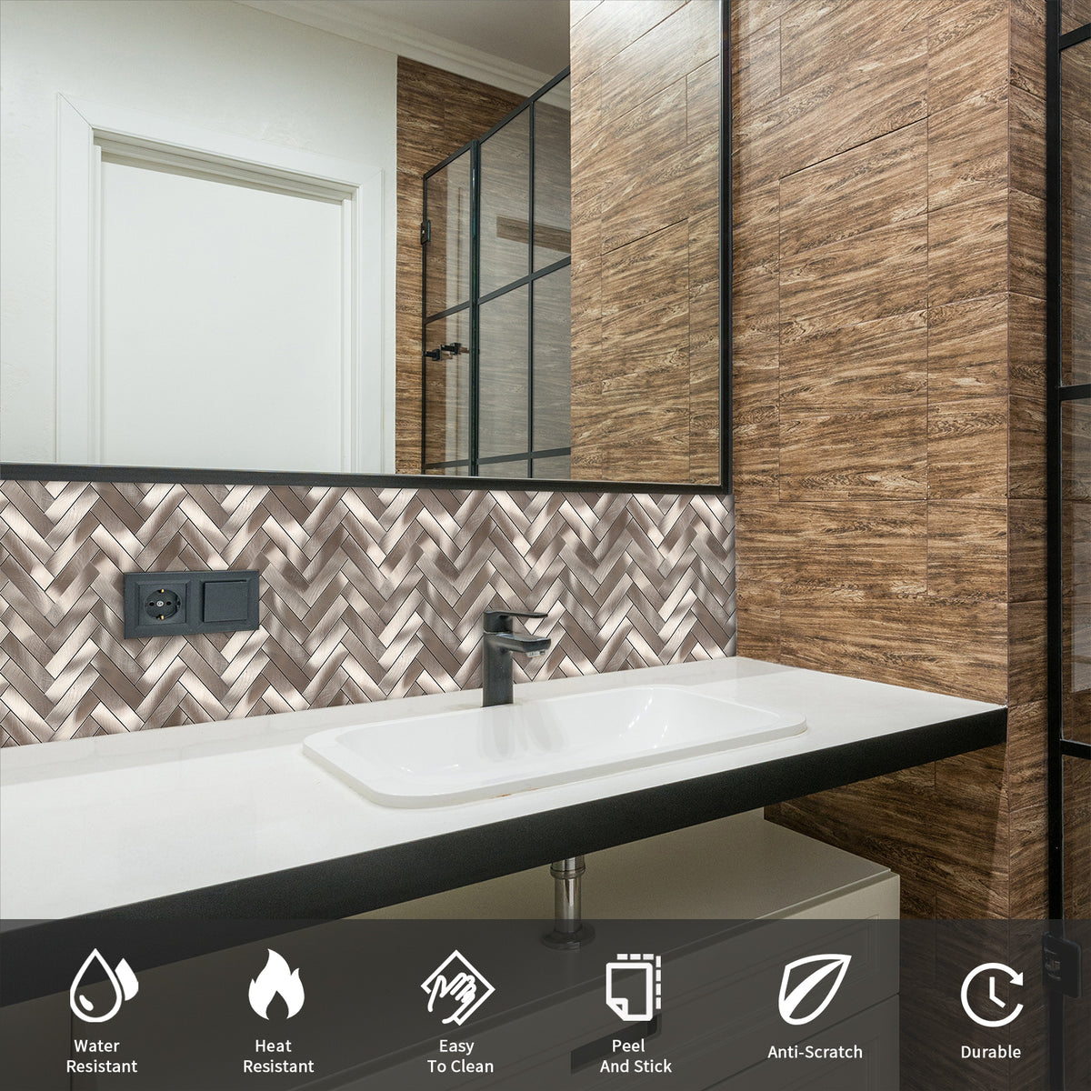 6 Sheets Herringbone Tile Peel and Stick Backsplash, Brushed Metal Self Adhesive Stick on Wall Tiles for Kitchen Bathroom Fireplace