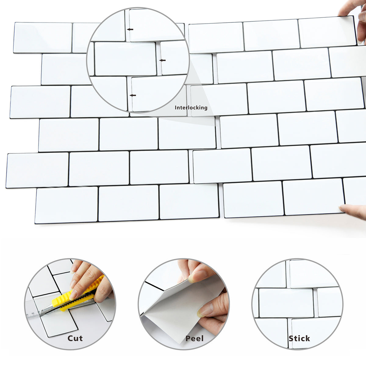 Subway Peel and Stick Backsplash, 10 Sheets of 12" × 12" Thicker Design 3D Adhesive Stick on Wall Tiles for Kitchen Bathroom
