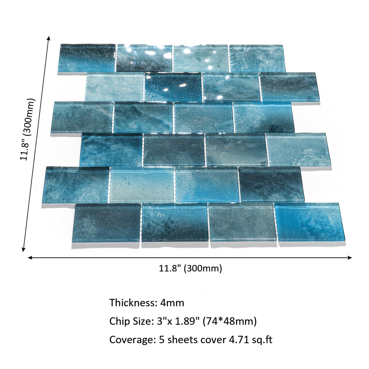 Glass Mosaic Tiles Backsplash, 5-Sheet Subway Backsplash Glass Tiles for Kitchen Bathroom Swimming Pool Shower Wall (4.71 SQ.FT)