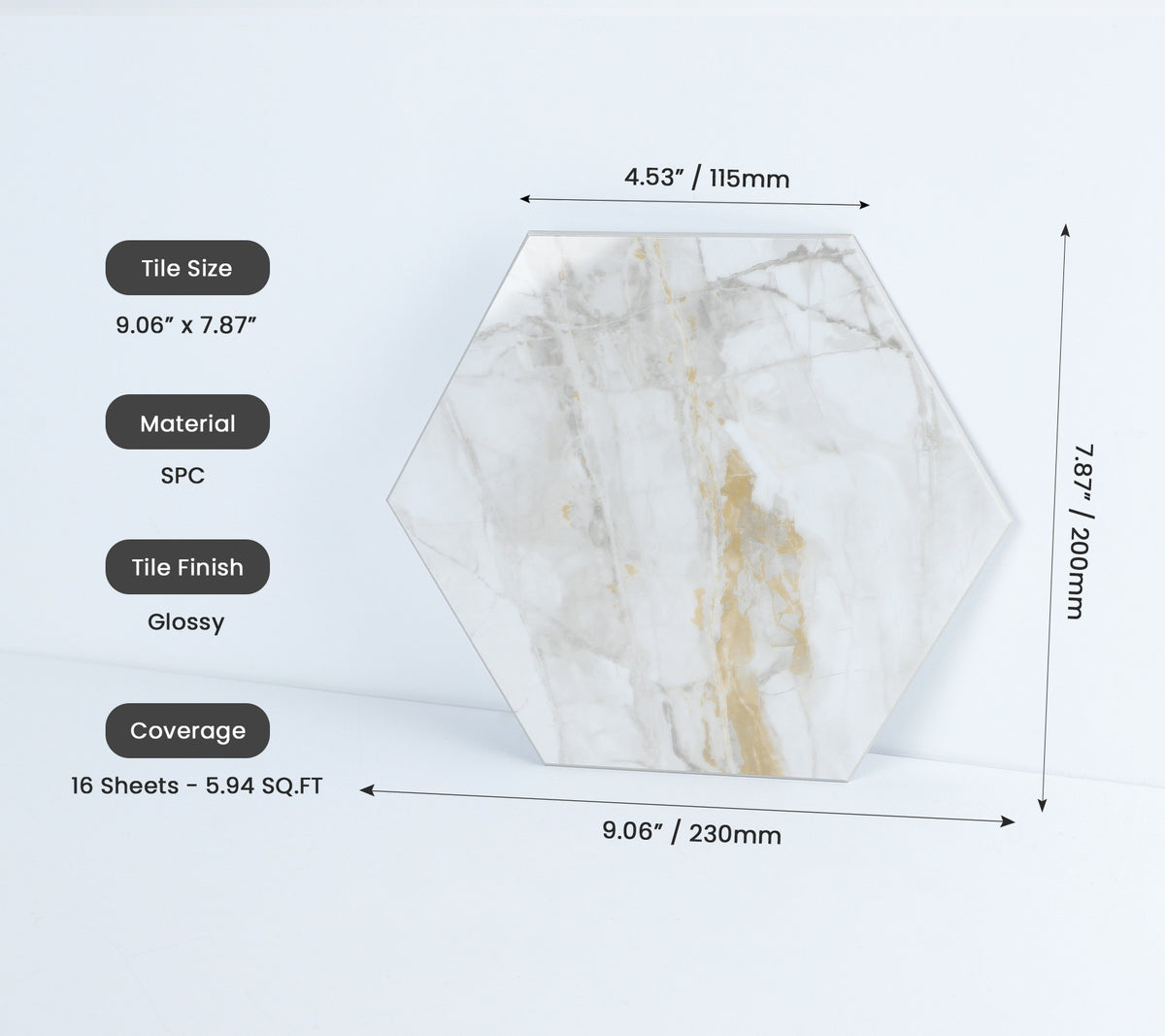 16-Piece Hexagon Peel and Stick Backsplash Tiles, 9"x7.87" Self Adhesive Glossy Faux Marble Wall Tile for DIY Home Decor