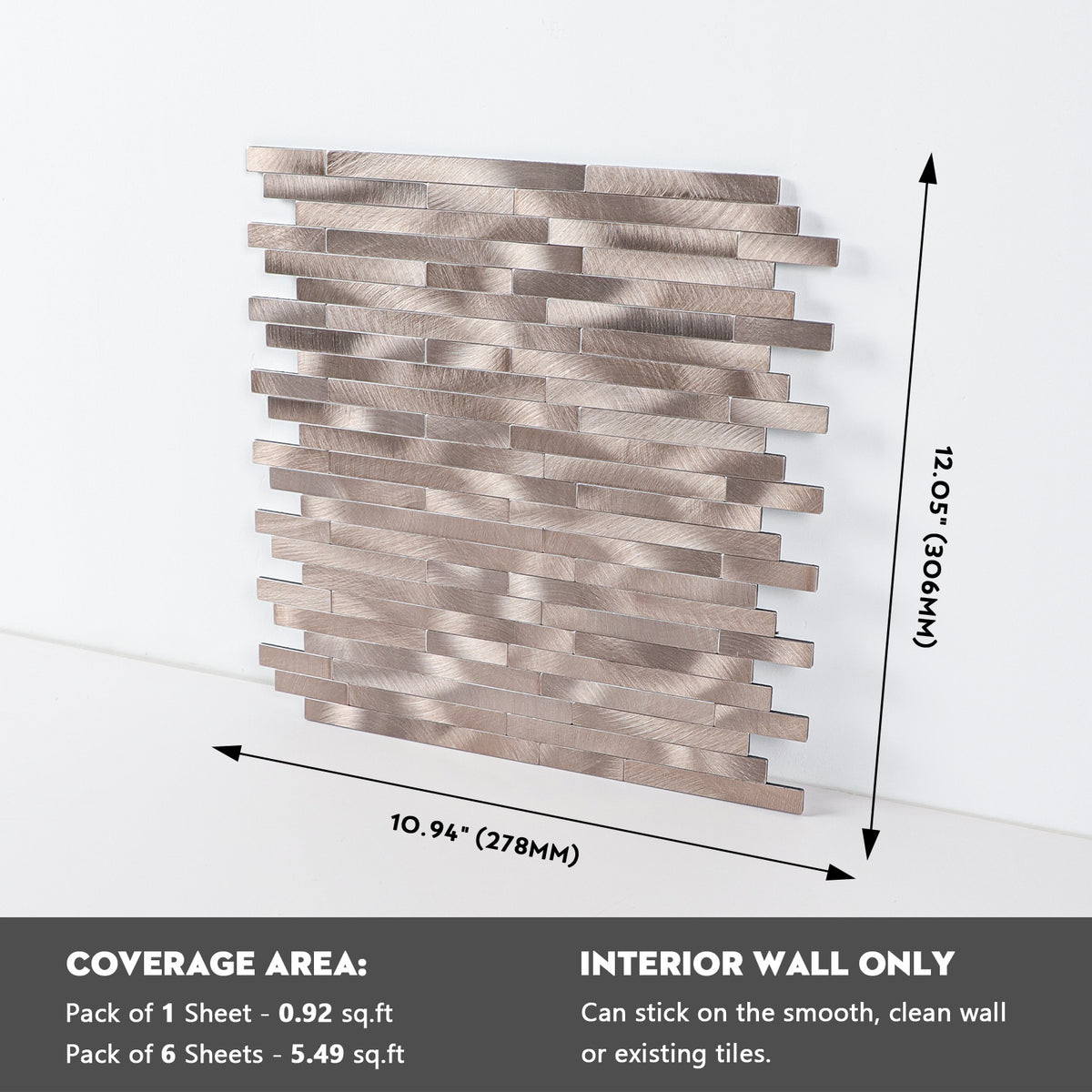 6 Sheets Peel and Stick Backsplash Linear Tile for Kitchen, Self Adhesive Brushed Aluminum Stick on Wall Tiles for Bathroom Fireplace