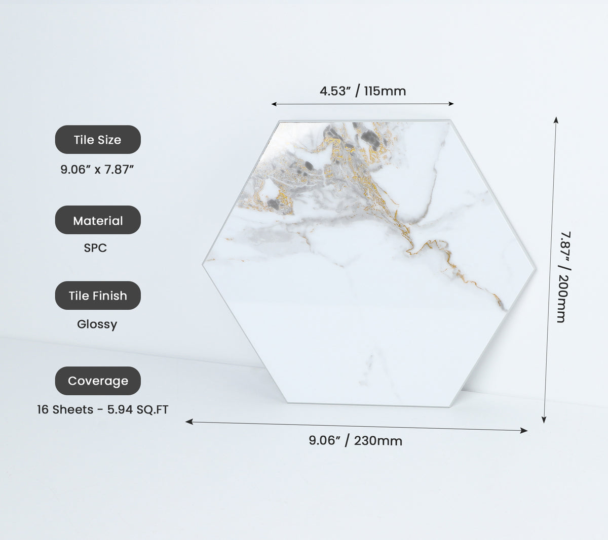 16-Piece Hexagon Peel and Stick Backsplash Tiles, 9"x7.87" Self Adhesive Glossy Faux Marble Wall Tile for DIY Home Decor