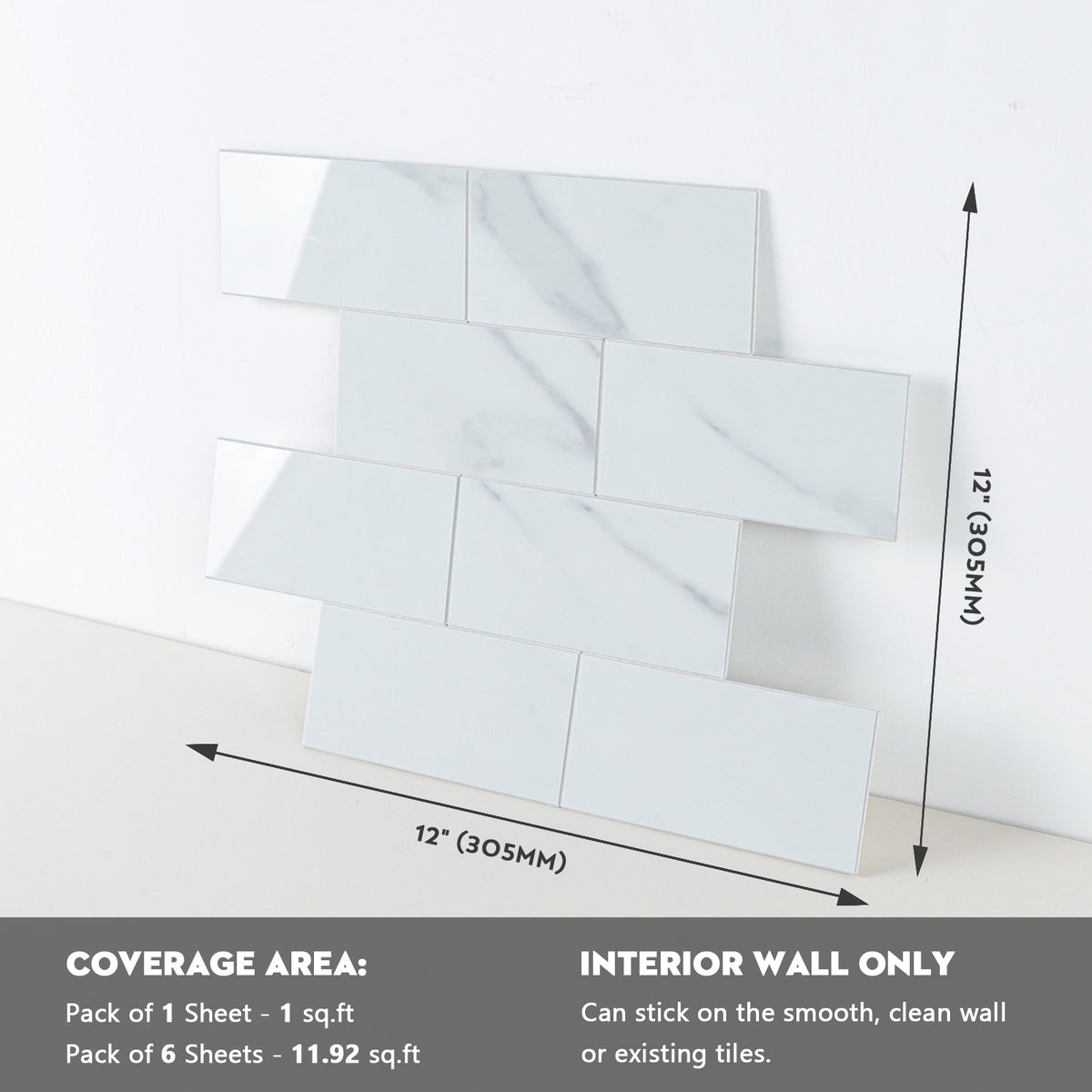 6-Sheet Peel and Stick Backsplash, Self Adhesive Faux Stone White Subway Tile, Glossy Carrara White Marble Look Backsplash Stick on Wall Tiles for Kitchen Bathroom Fireplace
