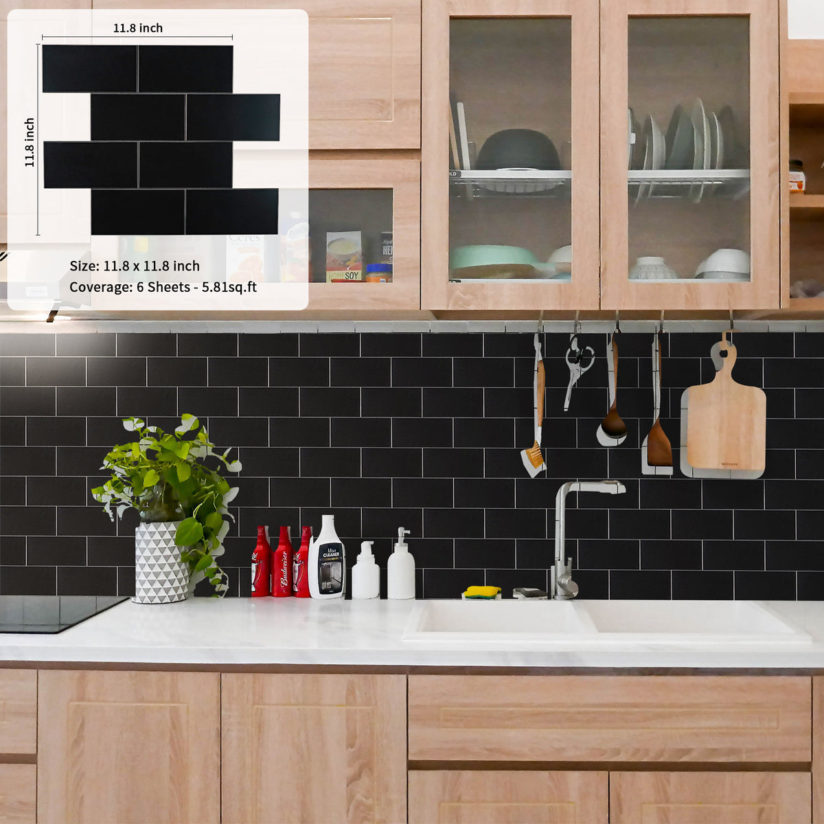 Black Subway Tiles Peel and Stick Backsplash, Alumium Composite Peel and Stick Wall Tiles  for Kitchen Bathroom fireplace (6 sheets)