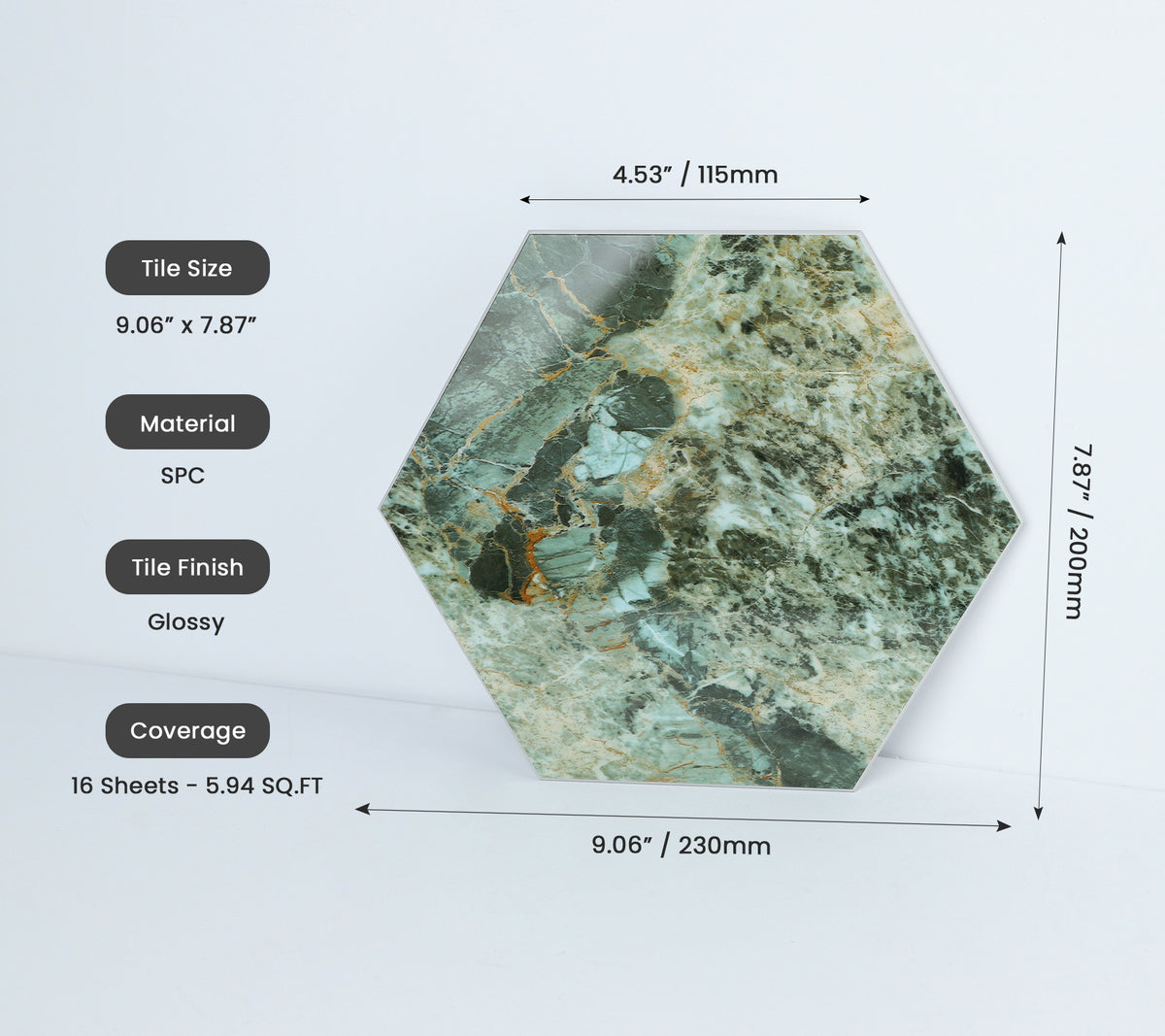 16-Piece Hexagon Peel and Stick Backsplash Tiles, 9"x7.87" Self Adhesive Glossy Faux Marble Wall Tile for DIY Home Decor