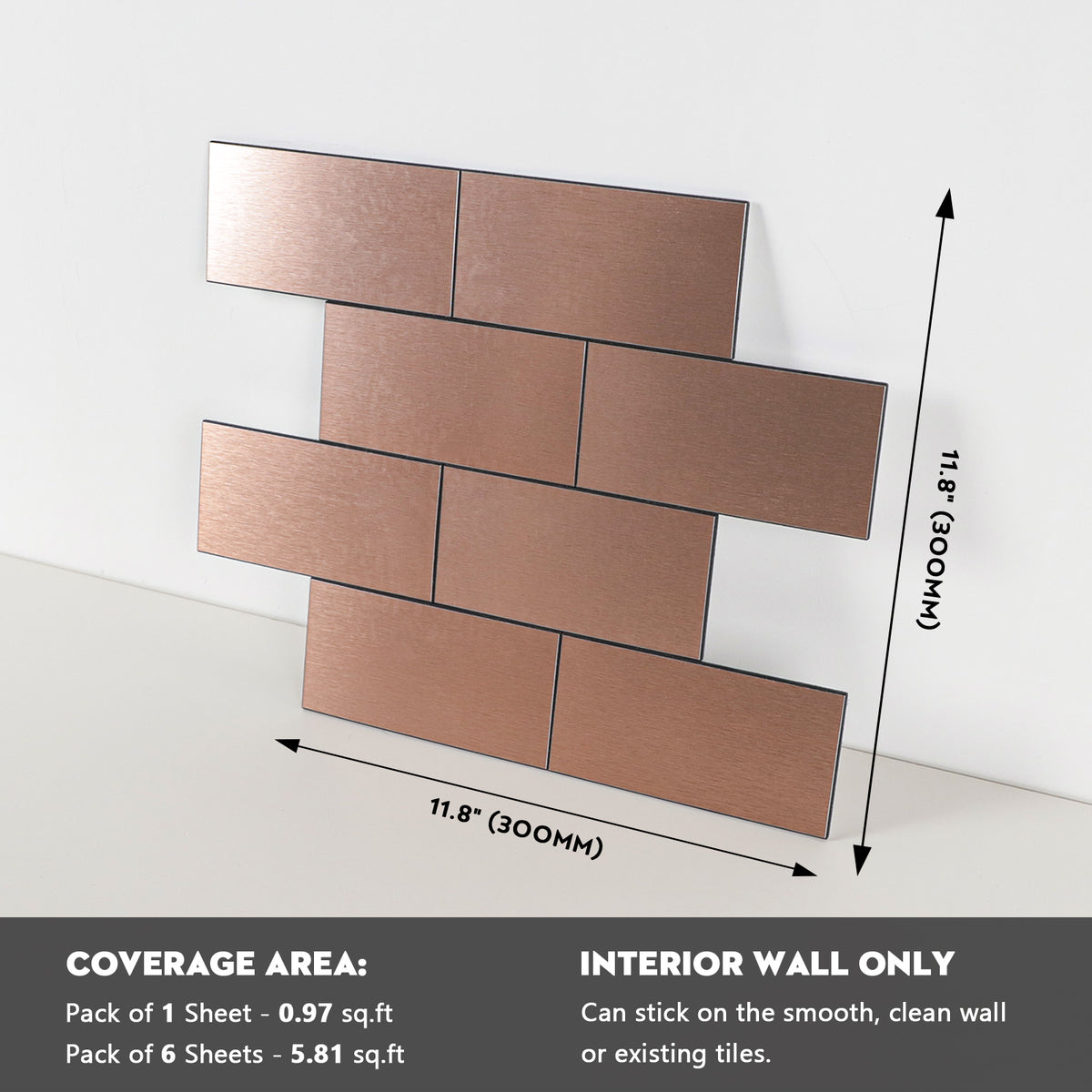 6 Sheets Subway Tile Peel and Stick Backsplash, Brushed Metal Aluminum Backsplash Stick on Wall Tiles for Kitchen Bathroom Fireplace