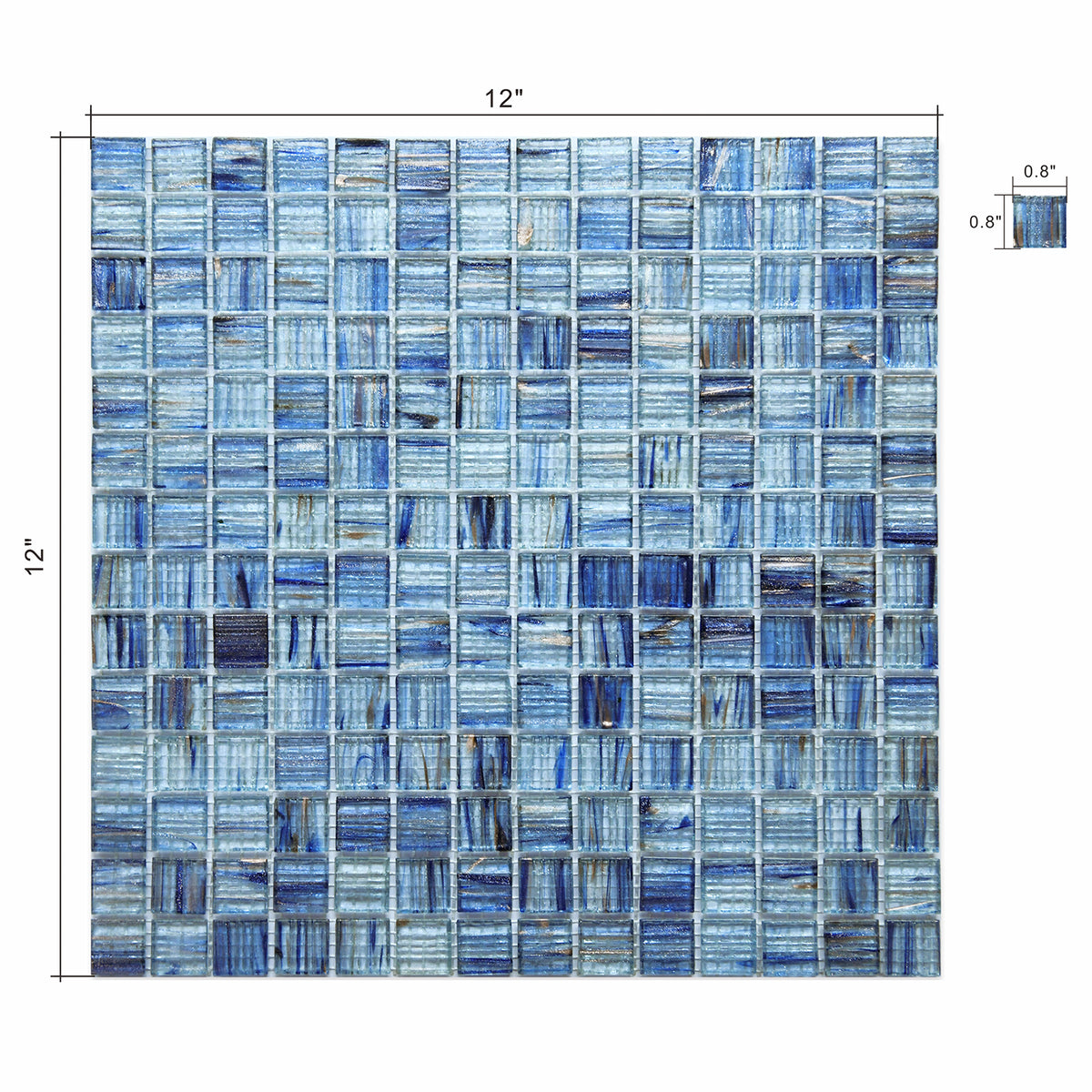 Mesh-Mounted Glass Mosaic Tile Backsplash, 12” x 12” Blue Glass Backsplash Wall Tile for Kitchen Bathroom Swimming Pool (8 Sheets, 8 sq.ft)