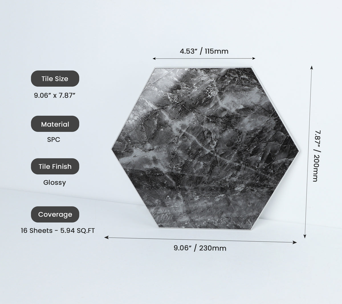 16-Piece Hexagon Peel and Stick Backsplash Tiles, 9"x7.87" Self Adhesive Glossy Faux Marble Wall Tile for DIY Home Decor