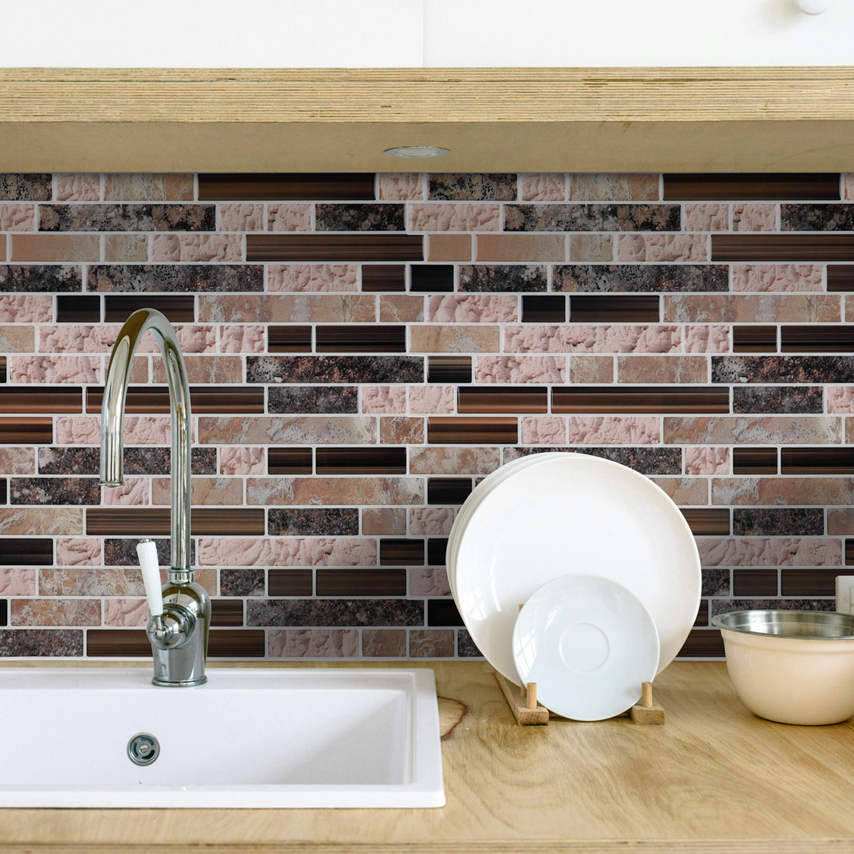 Peel and Stick Backsplash Tiles, 10 Sheets of 12" × 12" 3D Adhesive Brown Marble Peel and Stick On Wall Tile for Kitchen Bathroom