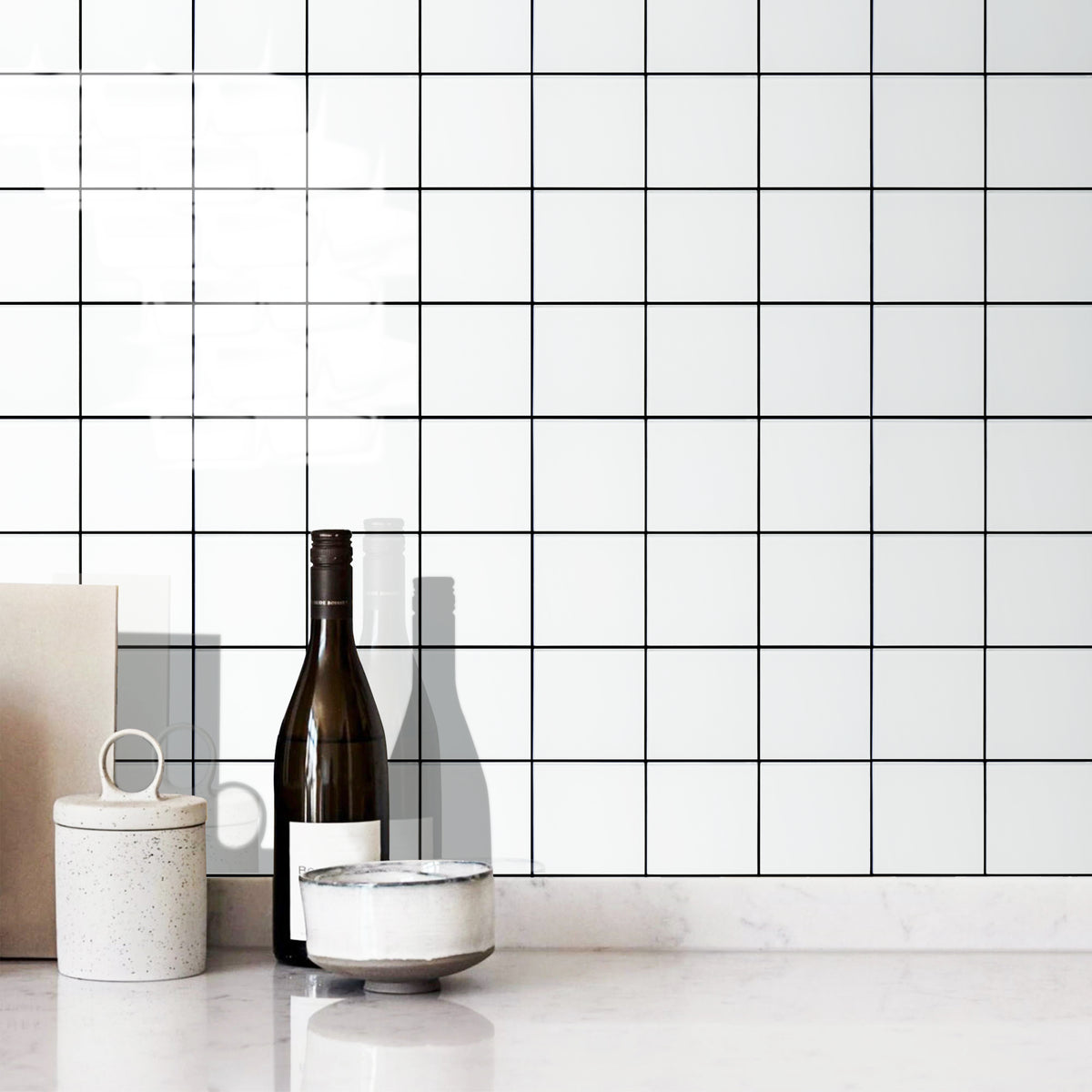 Peel and Stick Glass Tile, Square Mosaic Wall Tiles with Frame, Stick on Glass Backsplash (5 Sheets, 12"x12")
