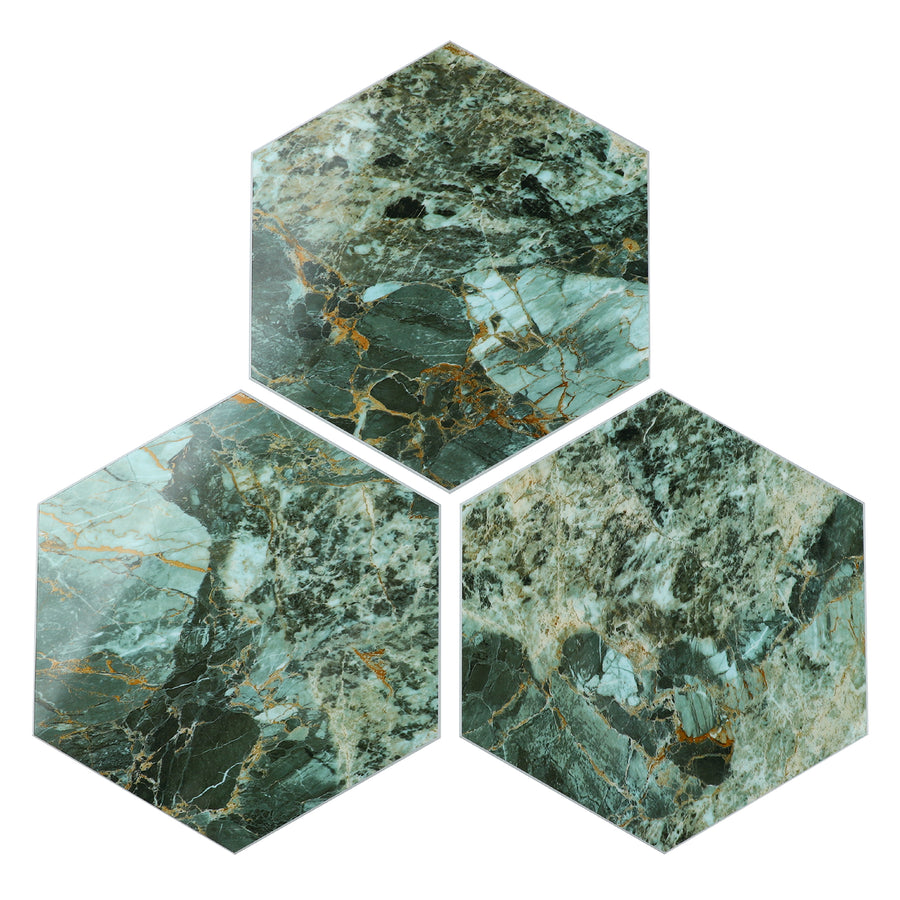 16-Piece Hexagon Peel and Stick Backsplash Tiles, 9"x7.87" Self Adhesive Glossy Faux Marble Wall Tile for DIY Home Decor