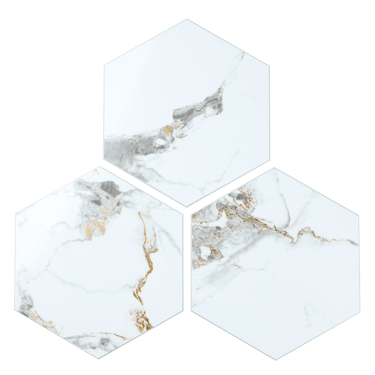 16-Piece Hexagon Peel and Stick Backsplash Tiles, 9"x7.87" Self Adhesive Glossy Faux Marble Wall Tile for DIY Home Decor