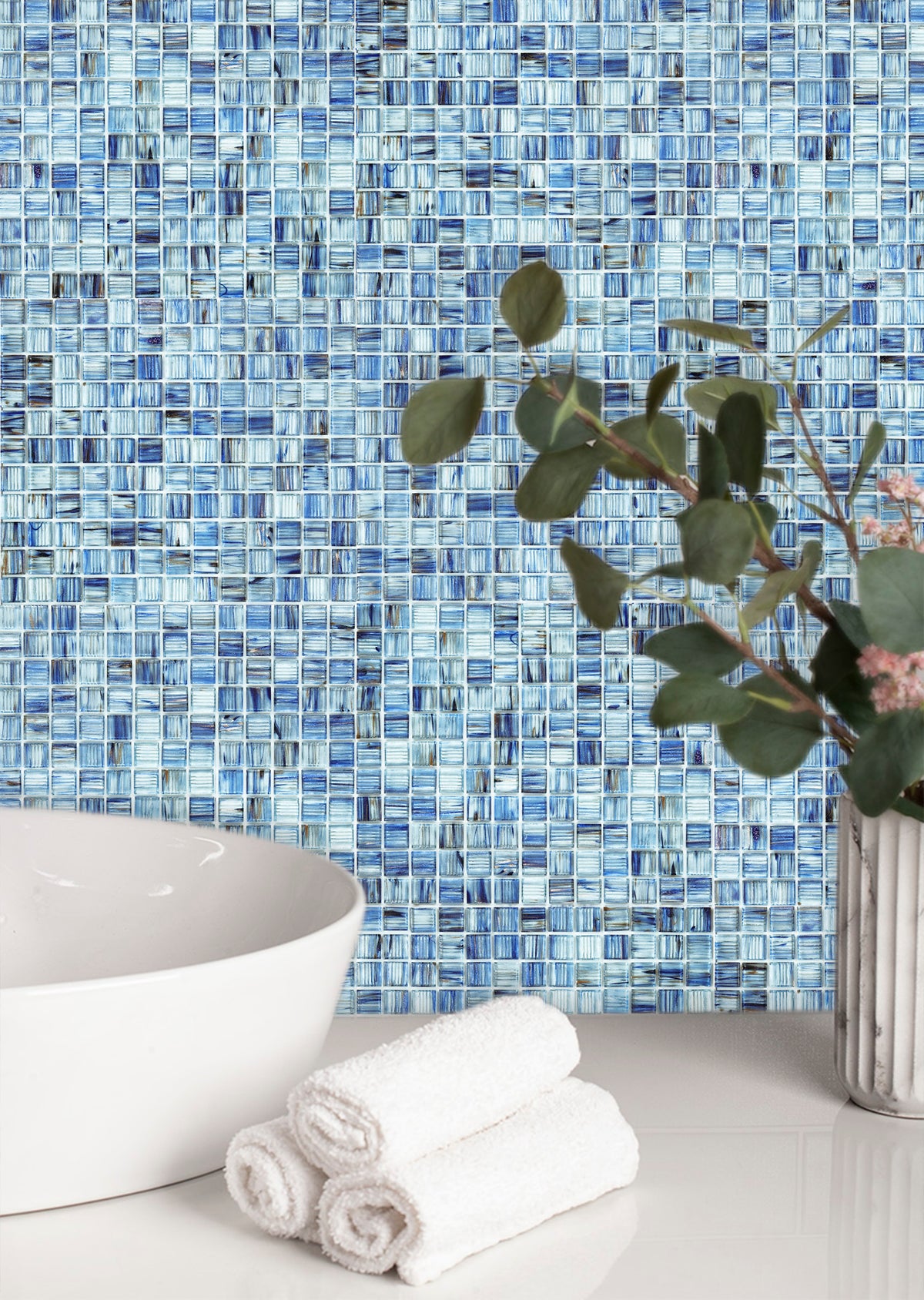 Peel and Stick Glass Tile, 12" x 12" Mosaic Square Glass Backsplash Tile for Kitchen Bathroom Wall (8-Sheet, 8 SQ.FT)