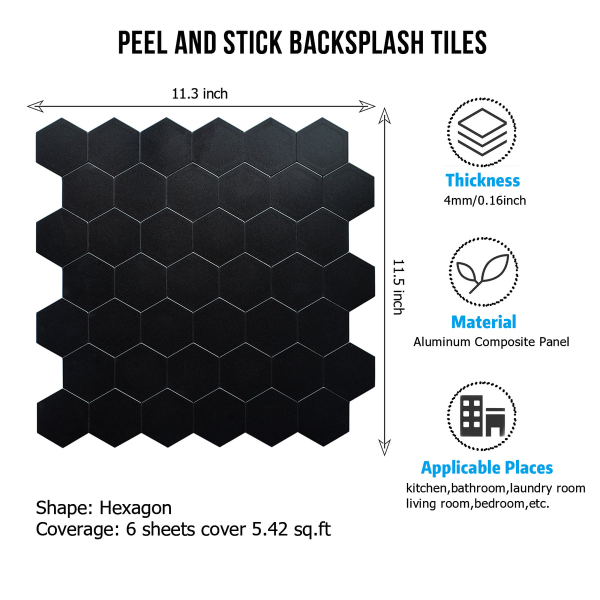 11.3"×11.5" Black Hexagon Peel and Stick Backsplash - HOMEART