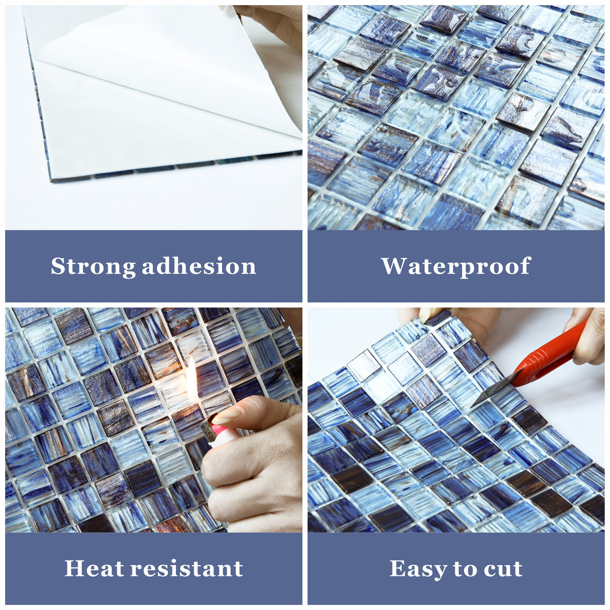 Peel and Stick Glass Tile, 12" x 12" Mosaic Square Glass Backsplash Tile for Kitchen Bathroom Wall (8-Sheet, 8 SQ.FT)