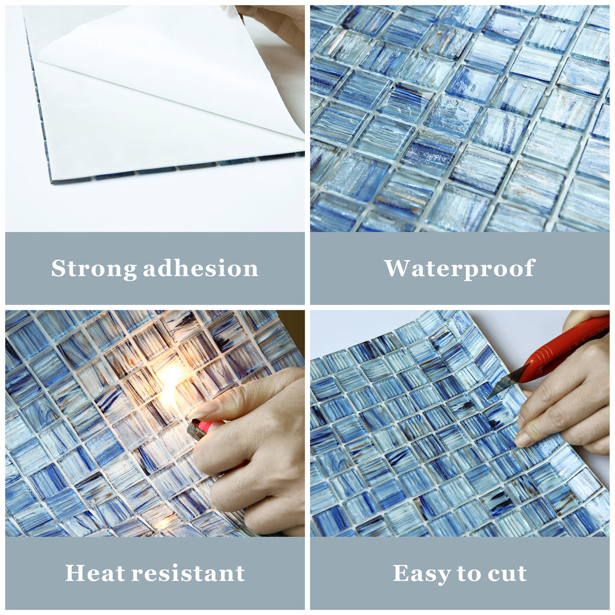 Peel and Stick Glass Tile, 12" x 12" Mosaic Square Glass Backsplash Tile for Kitchen Bathroom Wall (8-Sheet, 8 SQ.FT)