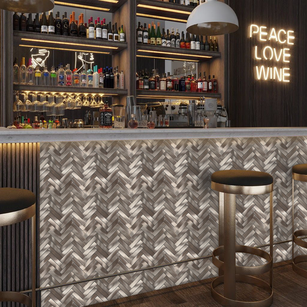 6 Sheets Herringbone Tile Peel and Stick Backsplash, Brushed Metal Self Adhesive Stick on Wall Tiles for Kitchen Bathroom Fireplace