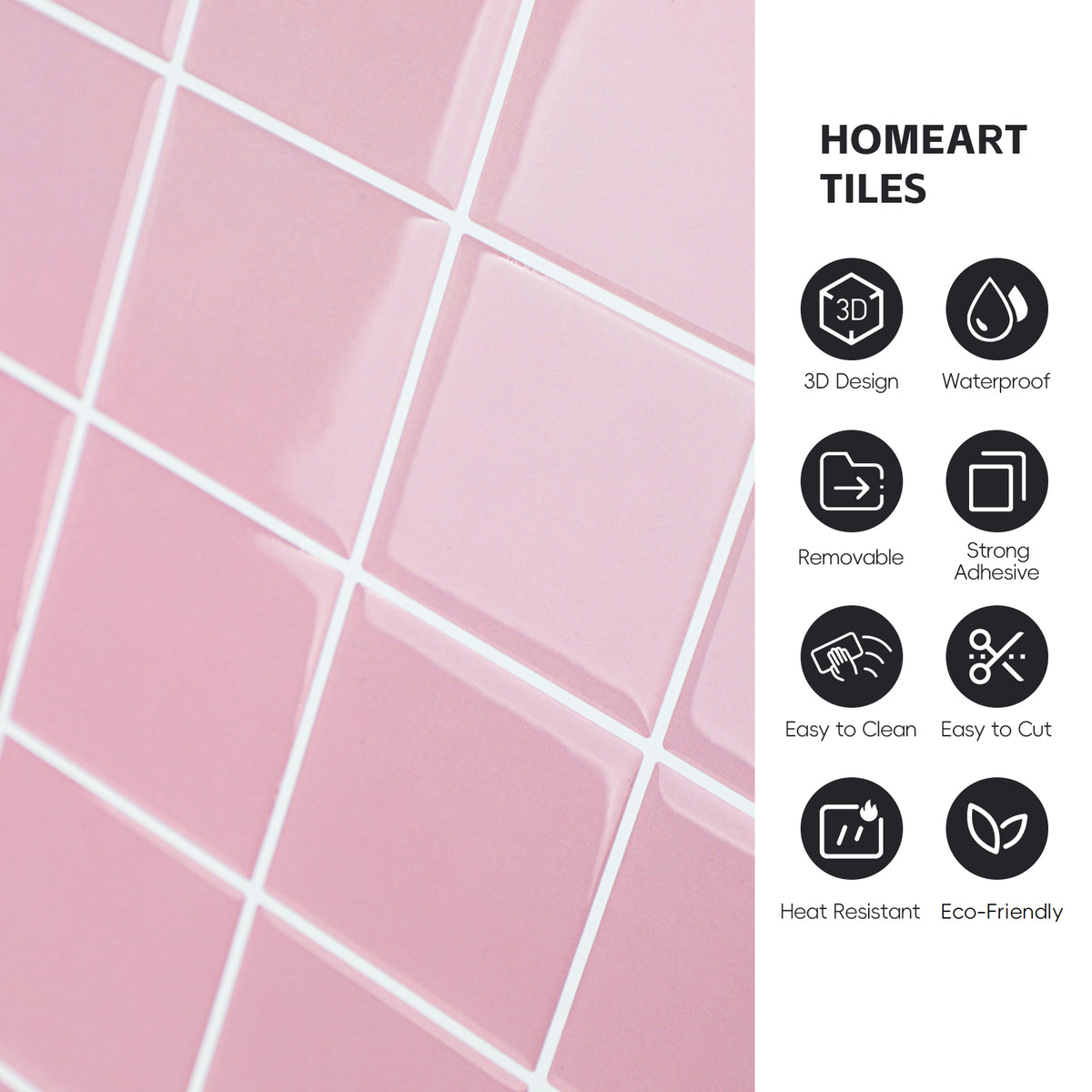 10 Sheets Pink Peel and Stick Backsplash, 3D Adhesive Square Stick on Backsplash Peel and Stick Wall Tiles Sticker for Kitchen Bathroom