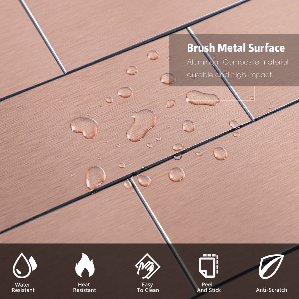 6 Sheets Subway Tile Peel and Stick Backsplash, Brushed Metal Aluminum Backsplash Stick on Wall Tiles for Kitchen Bathroom Fireplace