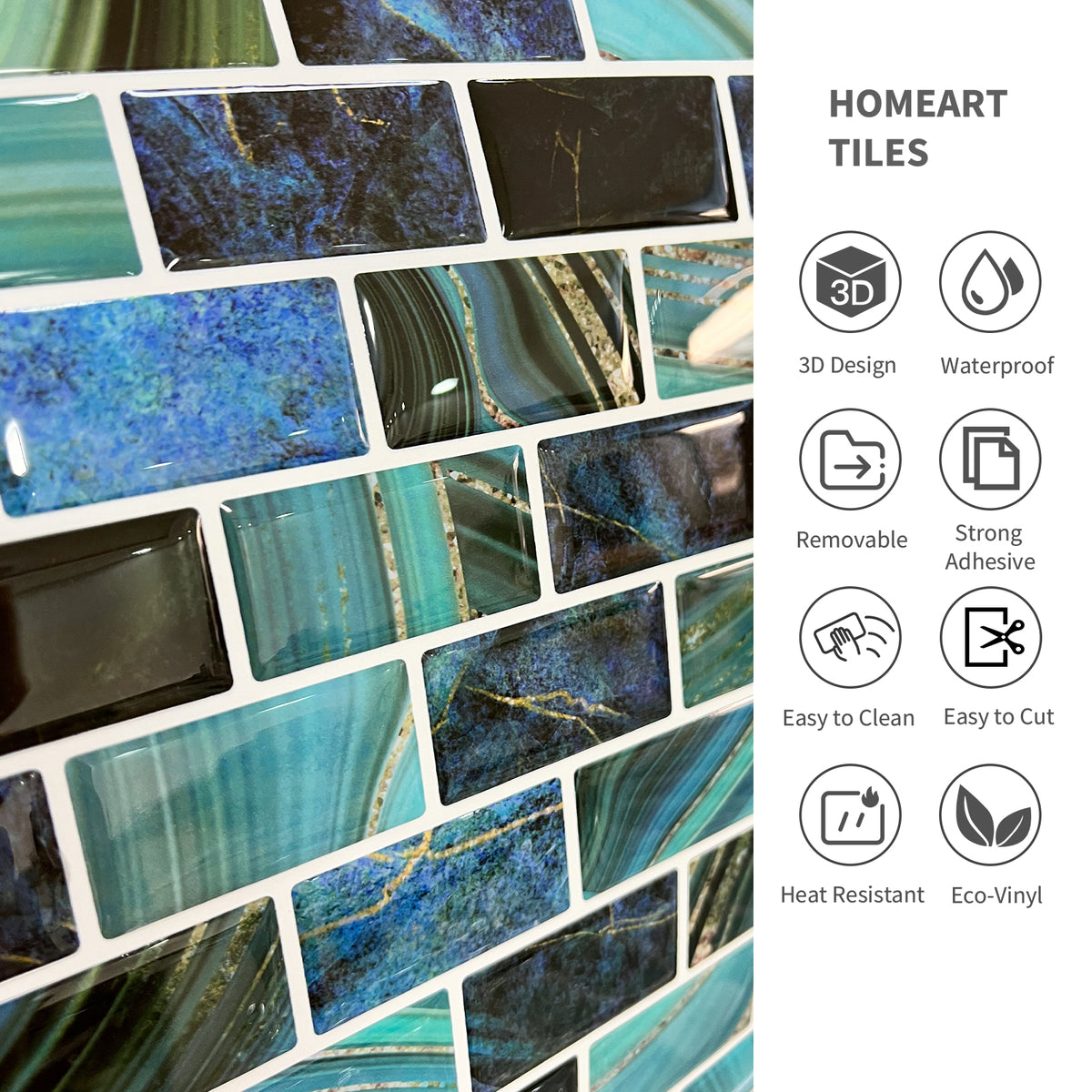 Subway Tiles Peel and Stick Backsplash, Self Adhesive Blue Backsplash Stick on Wall Tiles Sticker for Kitchen Bathroom (10 Sheets, 12"x12")