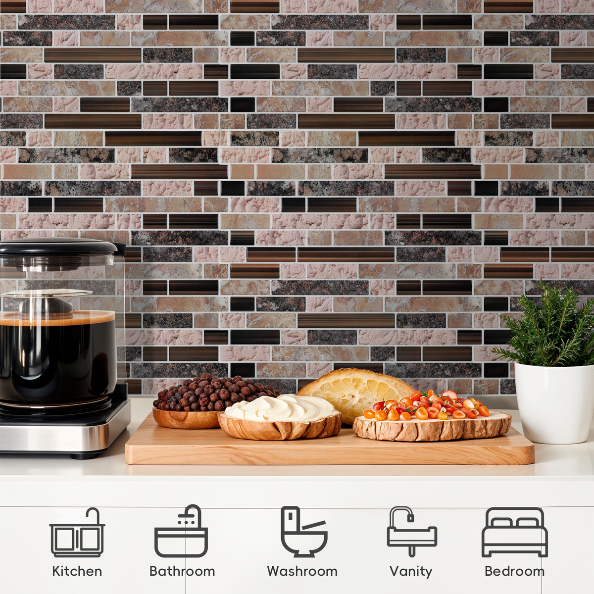 Peel and Stick Backsplash Tiles, 10 Sheets of 12" × 12" 3D Adhesive Brown Marble Peel and Stick On Wall Tile for Kitchen Bathroom