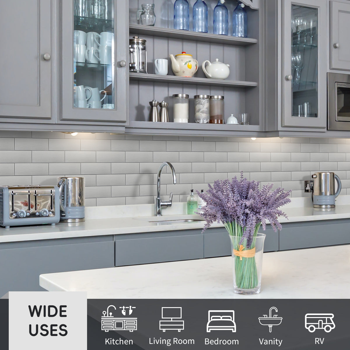 6 Sheets Subway Tile Peel and Stick Backsplash, Brushed Metal Aluminum Backsplash Stick on Wall Tiles for Kitchen Bathroom Fireplace