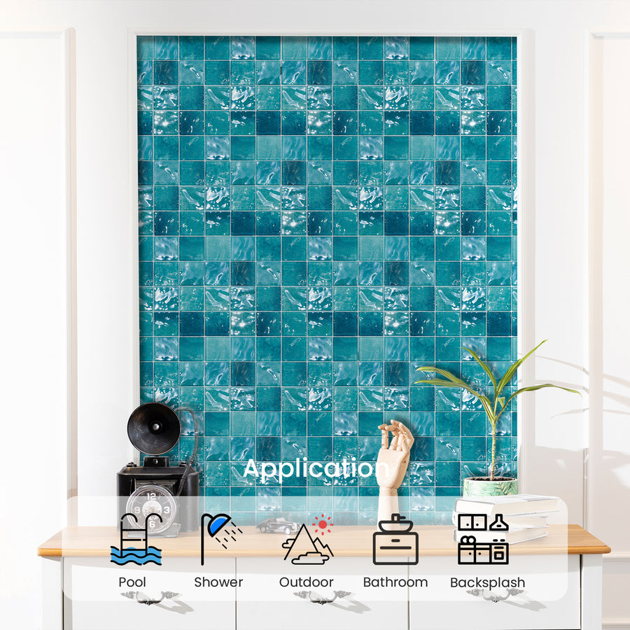 Glass Mosaic Tiles Backsplash, 12" x 12" 3D Wave Texture Square Tiles for Swimming Pool, Bathroom, Shower Wall, Spa (5 Sheets, 4.84 sq.ft.)