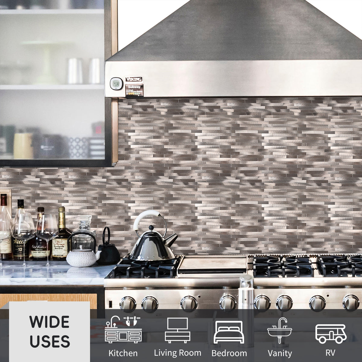 6 Sheets Peel and Stick Backsplash Linear Tile for Kitchen, Self Adhesive Brushed Aluminum Stick on Wall Tiles for Bathroom Fireplace