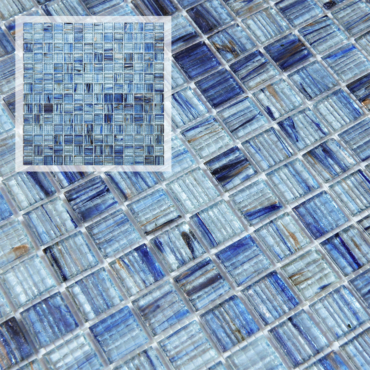 Mesh-Mounted Glass Mosaic Tile Backsplash, 12” x 12” Blue Glass Backsplash Wall Tile for Kitchen Bathroom Swimming Pool (8 Sheets, 8 sq.ft)