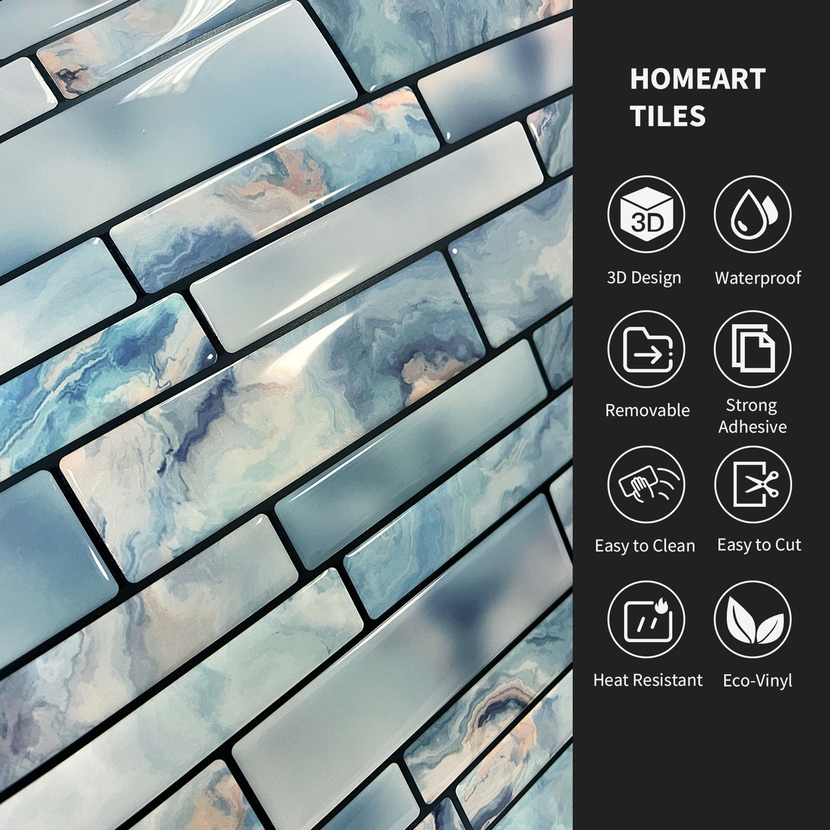 10-Sheet Peel and Stick Backsplash Tile, 12"x12" Blue Marble 3D Self-Adhesive Subway Tiles for Kitchen Bathroom