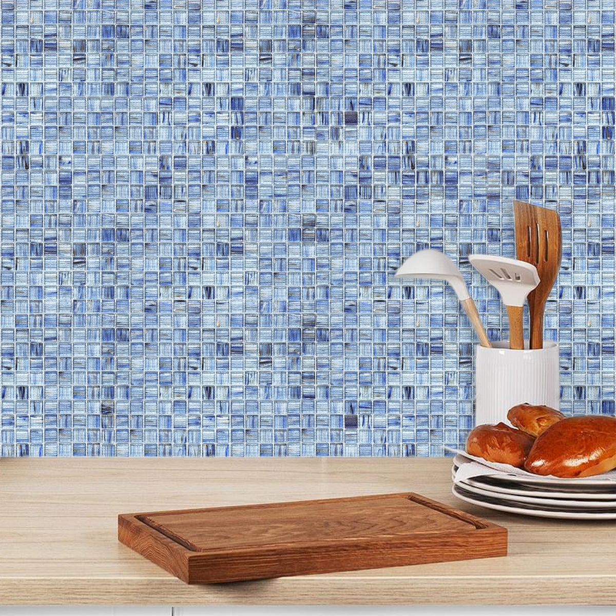 Mesh-Mounted Glass Mosaic Tile Backsplash, 12” x 12” Blue Glass Backsplash Wall Tile for Kitchen Bathroom Swimming Pool (8 Sheets, 8 sq.ft)