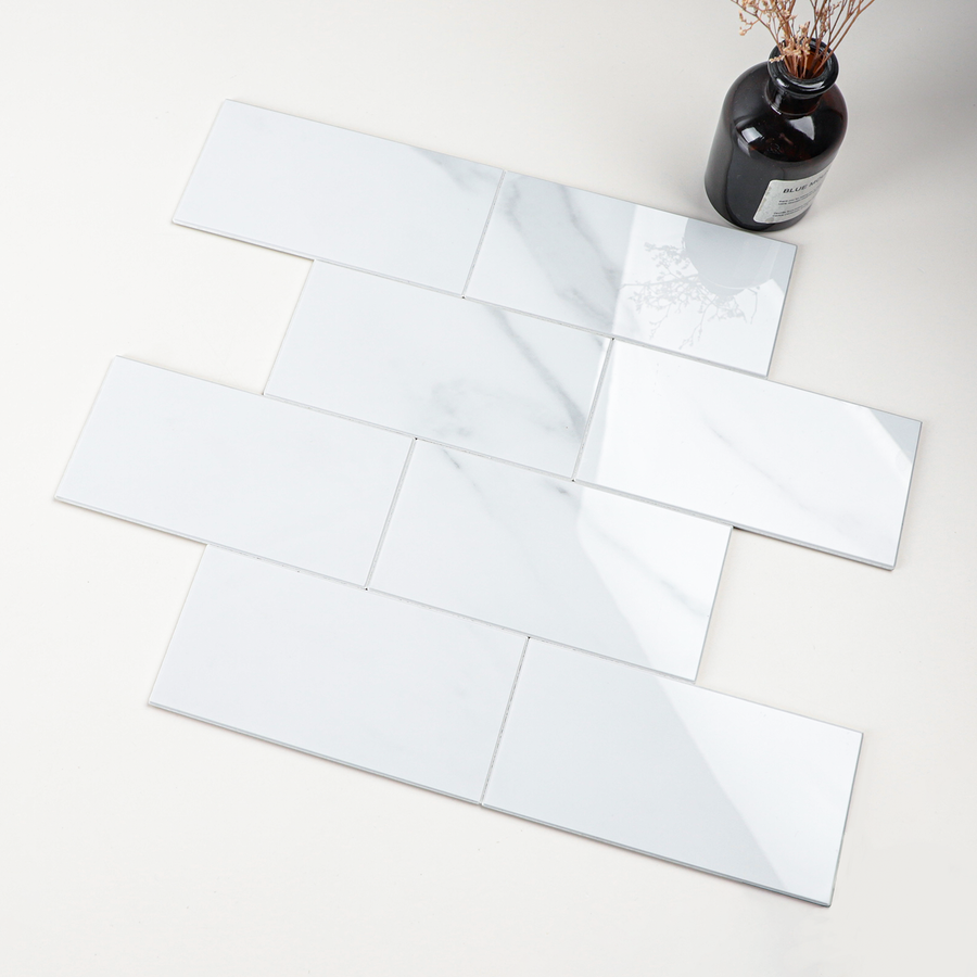 6-Sheet Peel and Stick Backsplash, Self Adhesive Faux Stone White Subway Tile, Glossy Carrara White Marble Look Backsplash Stick on Wall Tiles for Kitchen Bathroom Fireplace
