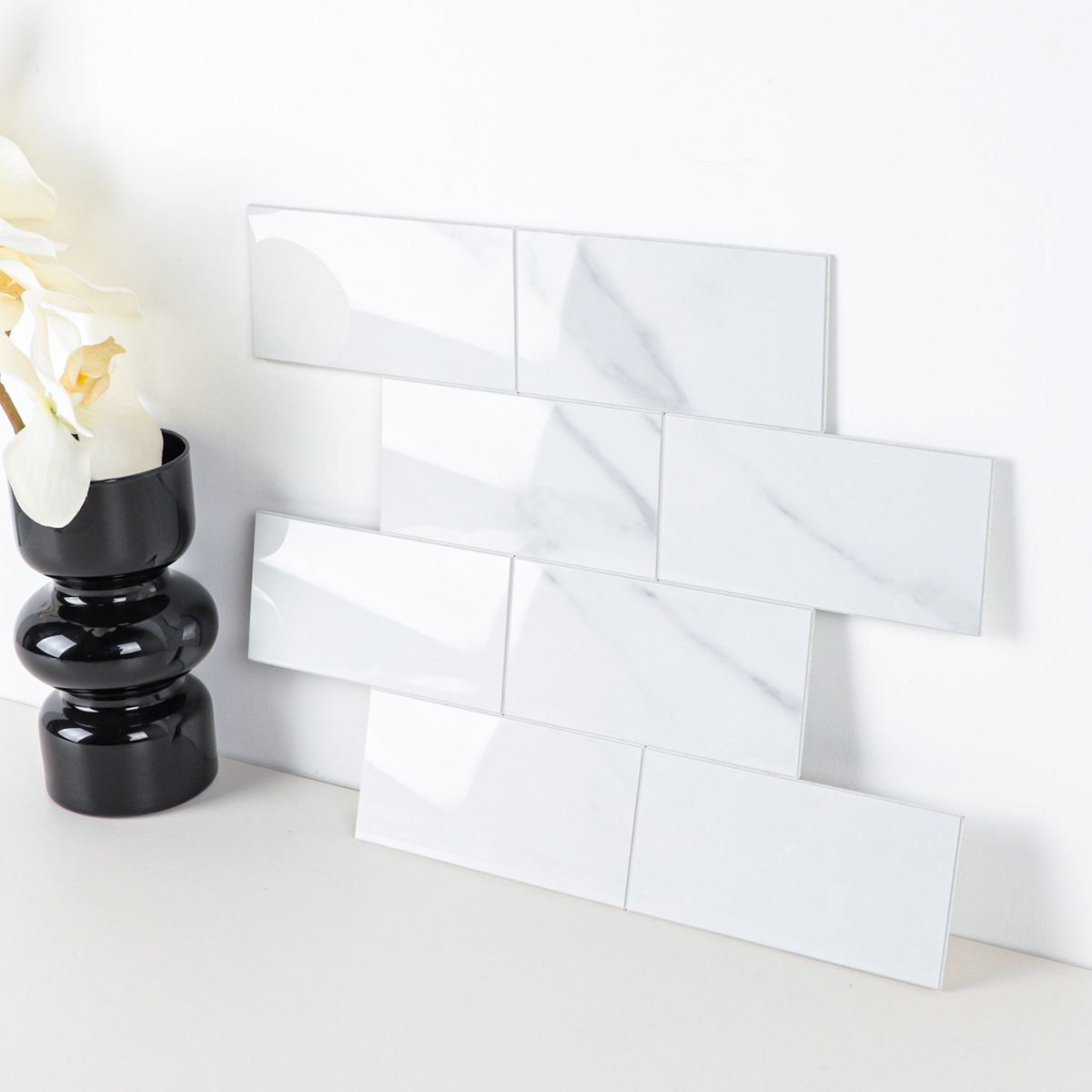 6-Sheet Peel and Stick Backsplash, Self Adhesive Faux Stone White Subway Tile, Glossy Carrara White Marble Look Backsplash Stick on Wall Tiles for Kitchen Bathroom Fireplace