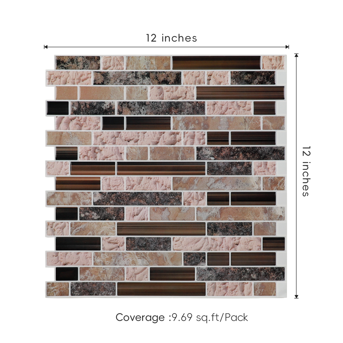 Peel and Stick Backsplash Tiles, 10 Sheets of 12" × 12" 3D Adhesive Brown Marble Peel and Stick On Wall Tile for Kitchen Bathroom