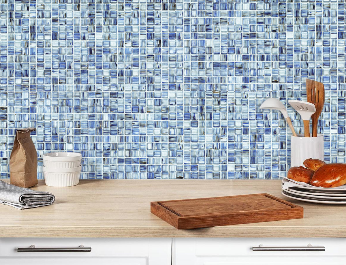 Peel and Stick Glass Tile, 12" x 12" Mosaic Square Glass Backsplash Tile for Kitchen Bathroom Wall (8-Sheet, 8 SQ.FT)