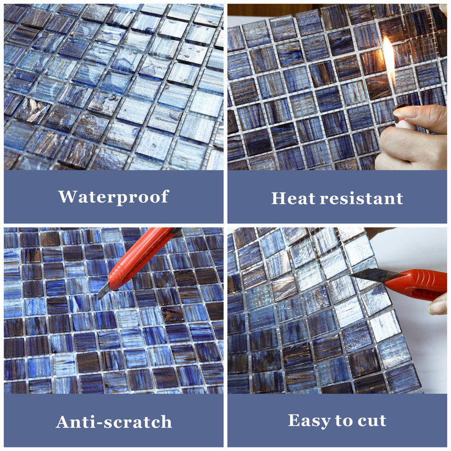 Mesh-Mounted Glass Mosaic Tile Backsplash, 12” x 12” Blue Glass Backsplash Wall Tile for Kitchen Bathroom Swimming Pool (8 Sheets, 8 sq.ft)