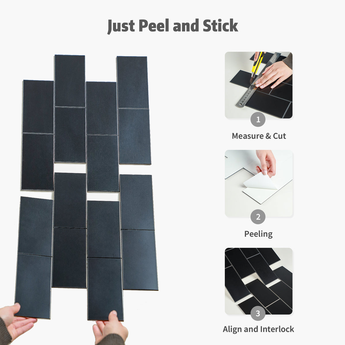Black Subway Tiles Peel and Stick Backsplash, Alumium Composite Peel and Stick Wall Tiles  for Kitchen Bathroom fireplace (6 sheets)