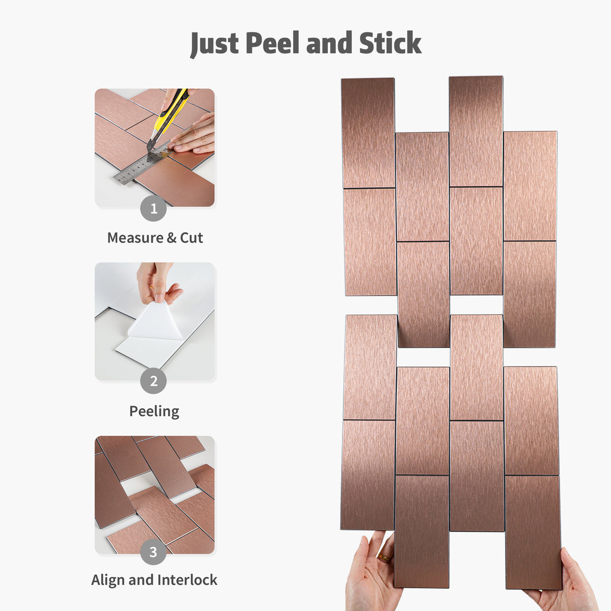 6 Sheets Subway Tile Peel and Stick Backsplash, Brushed Metal Aluminum Backsplash Stick on Wall Tiles for Kitchen Bathroom Fireplace