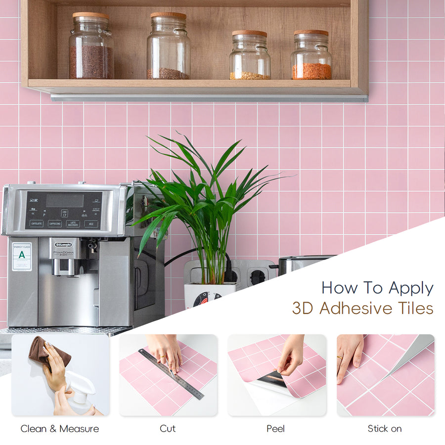 10 Sheets Pink Peel and Stick Backsplash, 3D Adhesive Square Stick on Backsplash Peel and Stick Wall Tiles Sticker for Kitchen Bathroom