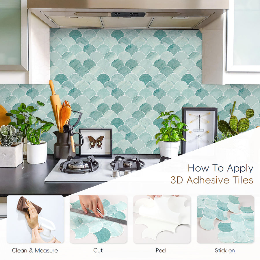 10 Sheets Pink Peel and Stick Backsplash Fish Scale Tile, Removable Renter Friendly Backsplash 3D Adhesive Stick on Wall Tiles for Kitchen Bathroom