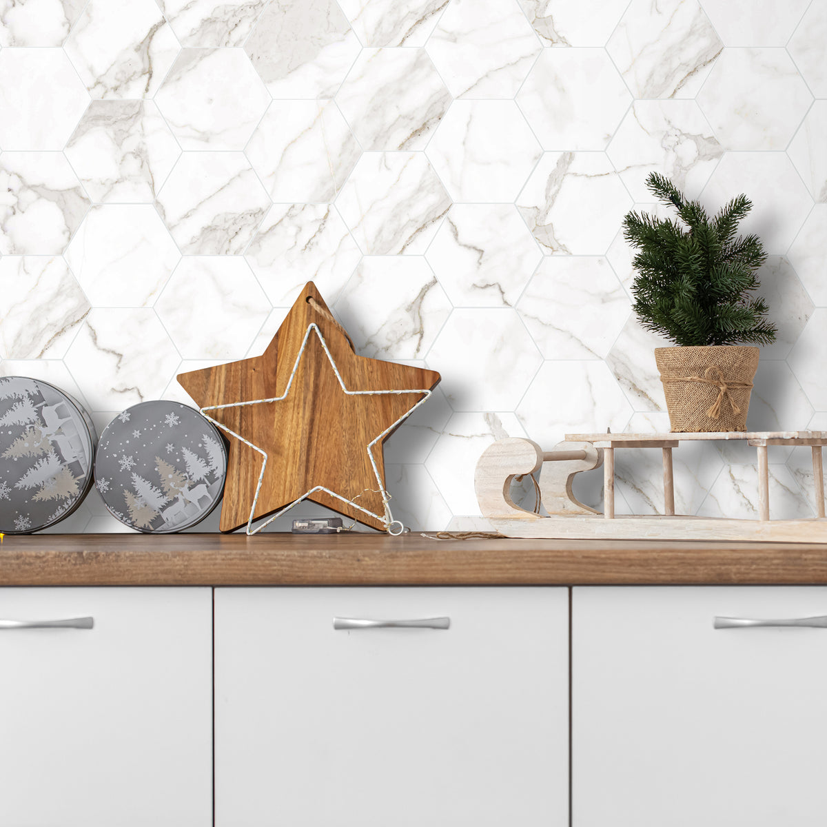 16-Piece Hexagon Peel and Stick Backsplash Tiles, 9"x7.87" Self Adhesive Glossy Faux Marble Wall Tile for DIY Home Decor